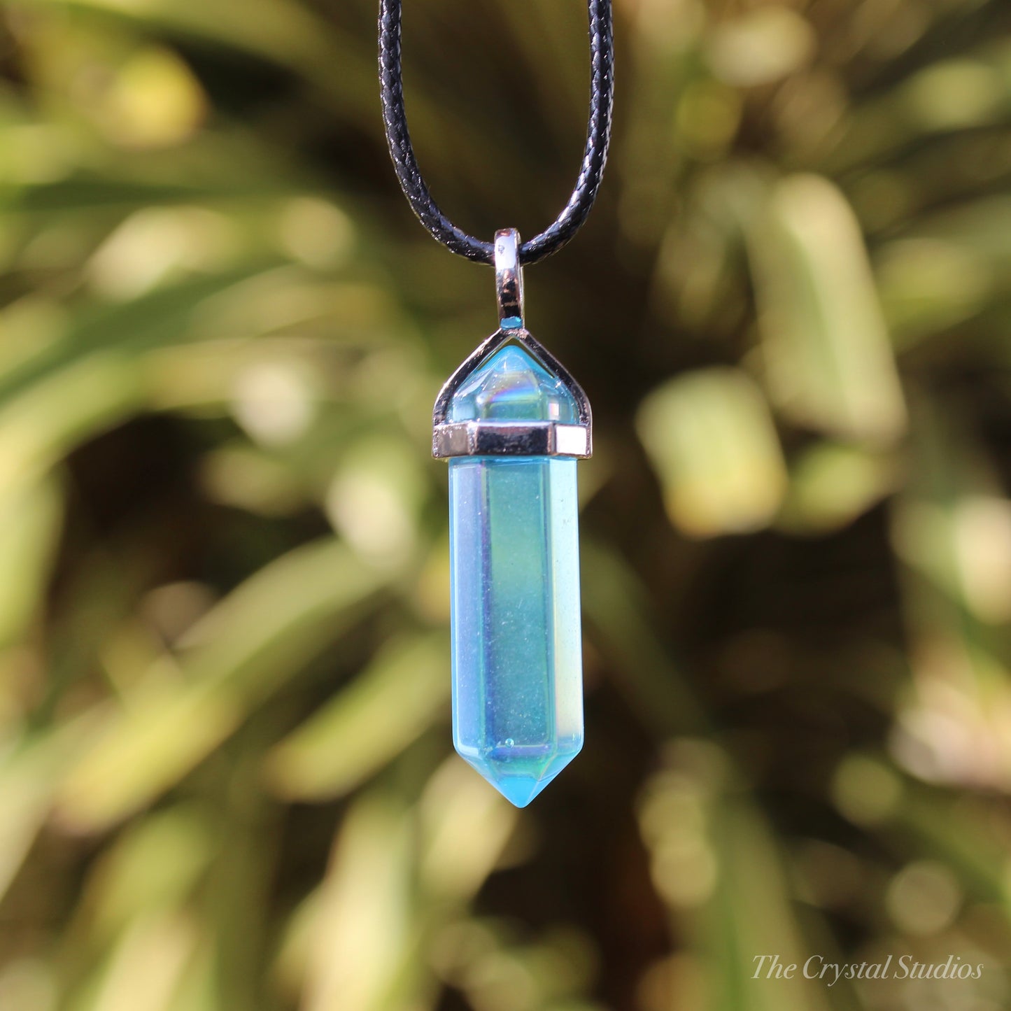 Aqua Aura Quartz Polished Crystal Point Pendant