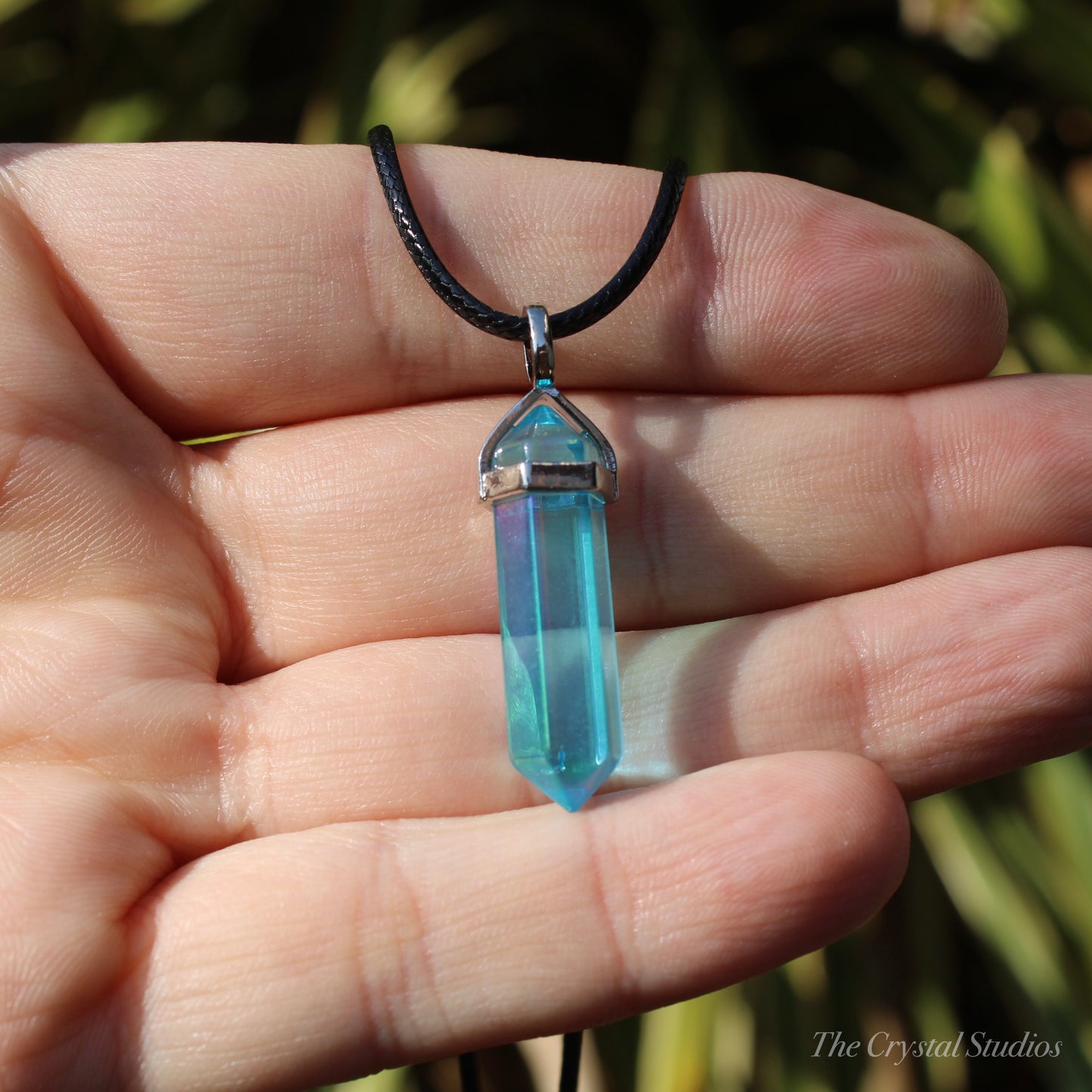 Aqua Aura Quartz Polished Crystal Point Pendant