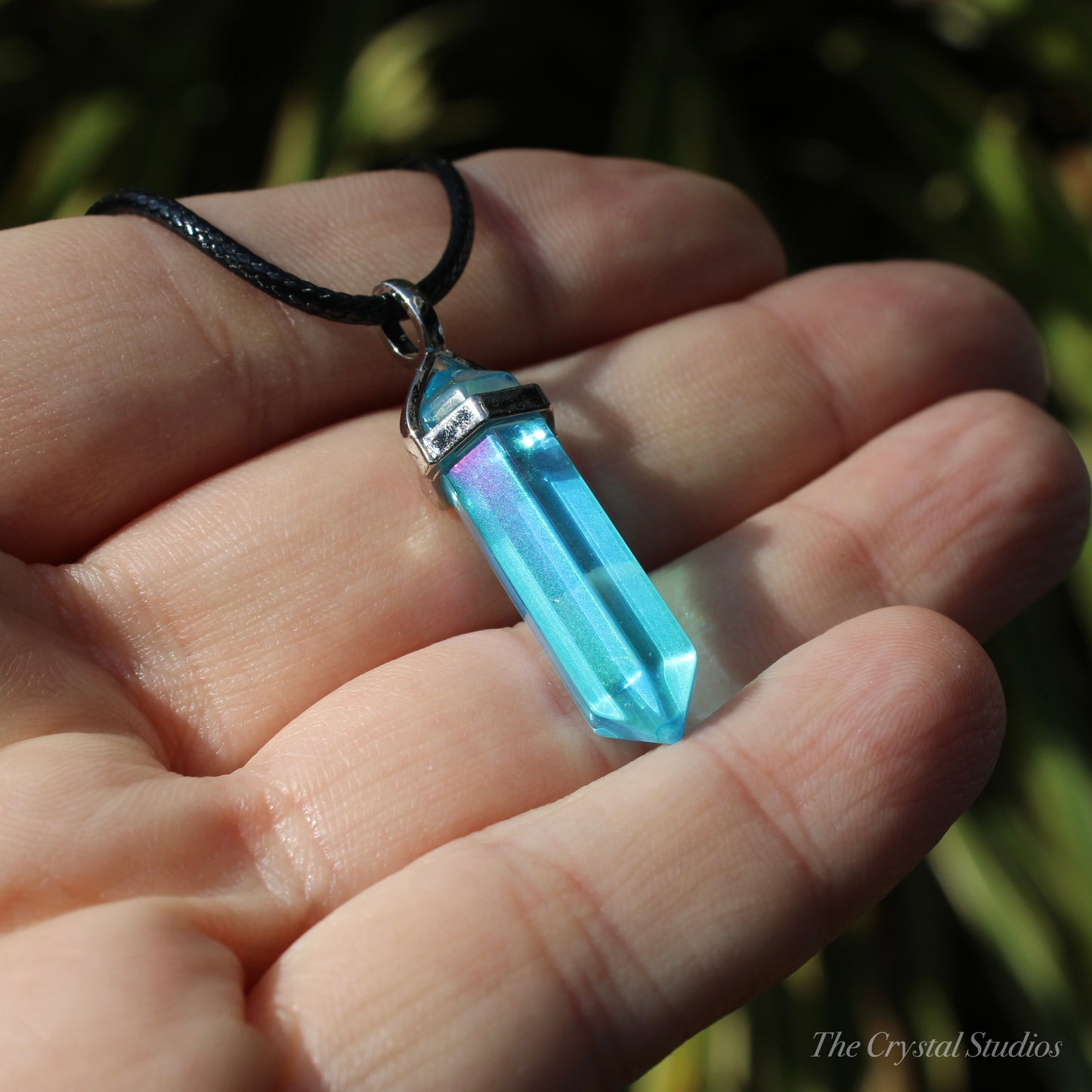 Aqua Aura Quartz Polished Crystal Point Pendant